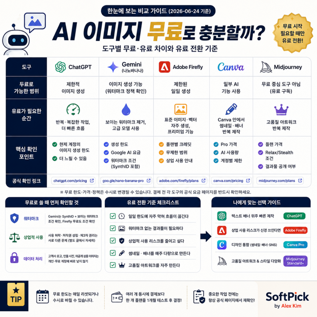 도구별 AI 이미지 무료·유료 차이와 유료 전환 기준 비교표