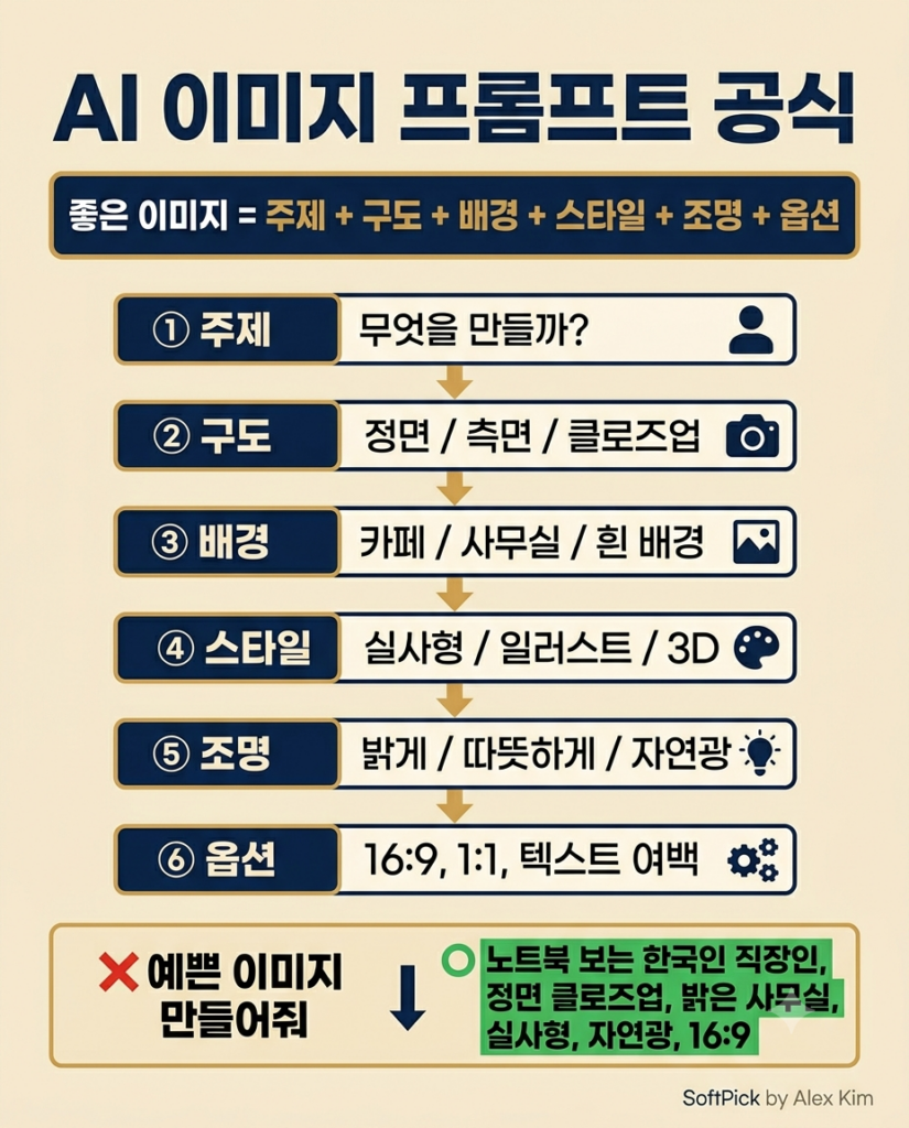 AI 이미지 프롬프트 공식 — 주제·구도·배경·스타일·조명·옵션 6요소 인포그래픽