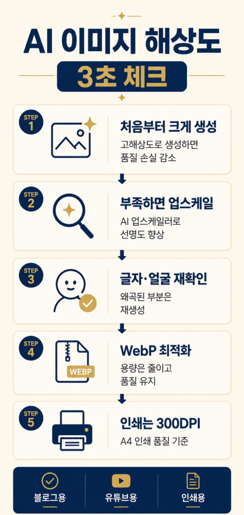 AI 이미지 해상도 빠른 체크 — 처음부터 크게·업스케일·인쇄용 픽셀 요약