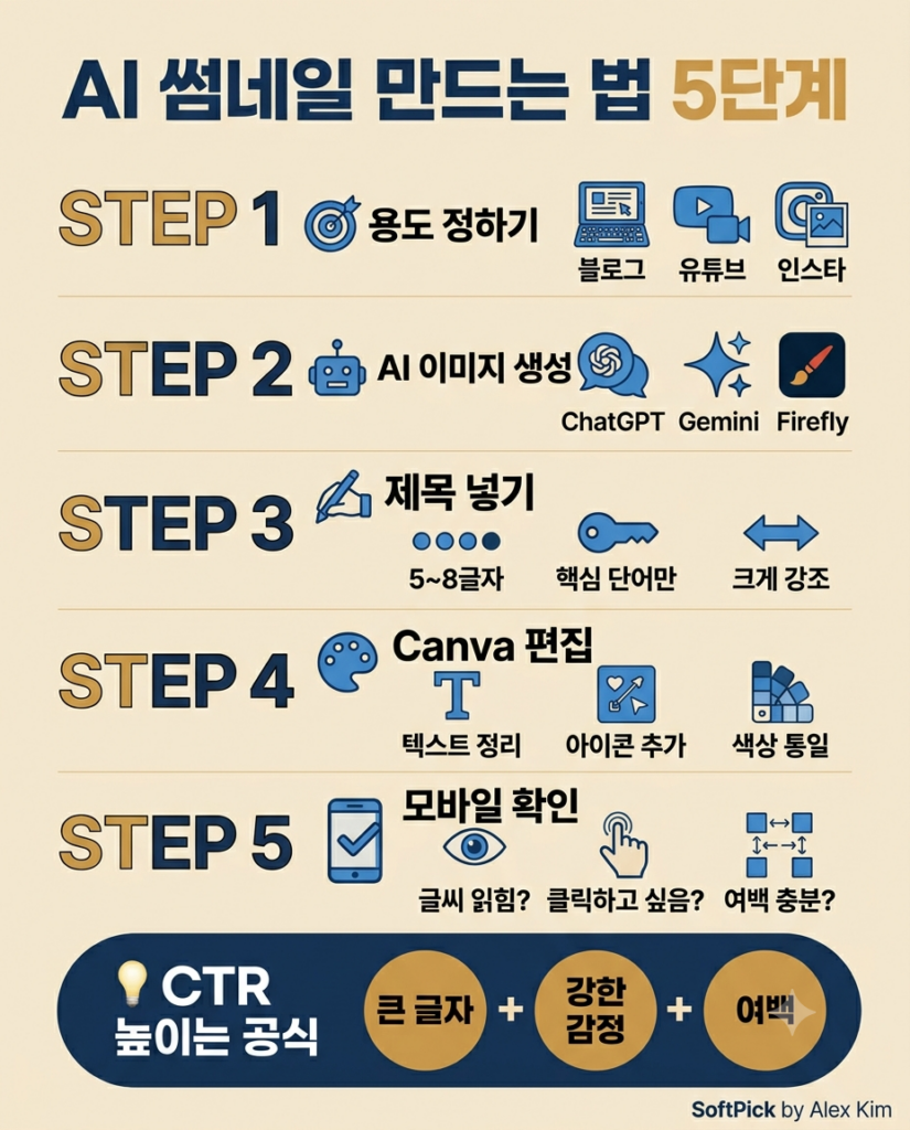 AI 썸네일 만드는 법 5단계 — 용도·이미지 생성·제목·크기 정리 인포그래픽