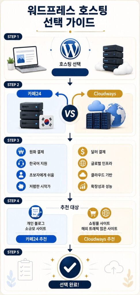 워드프레스 호스팅 선택 가이드 카페24 vs 클라우드웨이즈 흐름도