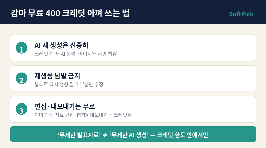 감마 무료 400 크레딧 아껴 쓰는 법 — AI 새 생성만 차감, 편집·내보내기는 무료