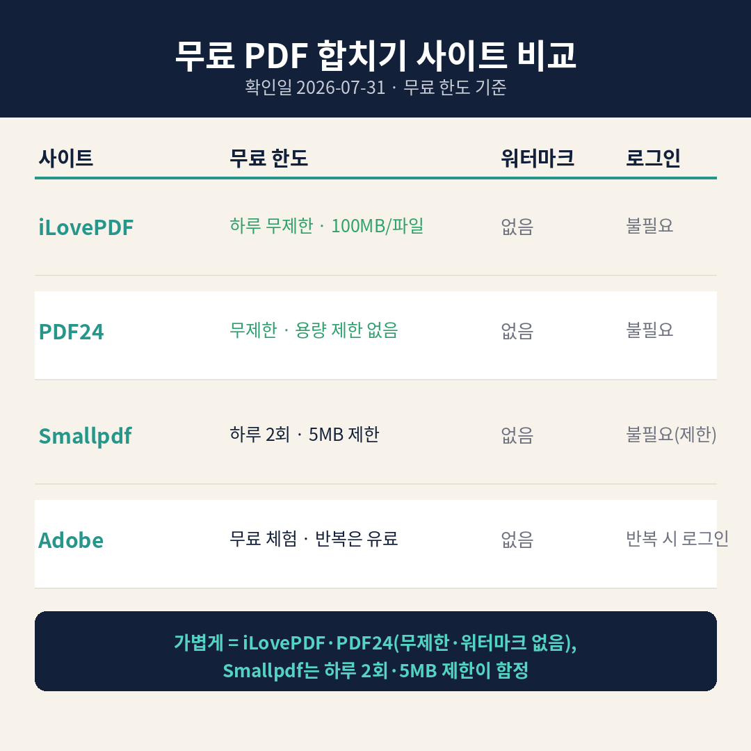 무료 PDF 합치기 사이트 비교 — iLovePDF, PDF24, Smallpdf, Adobe