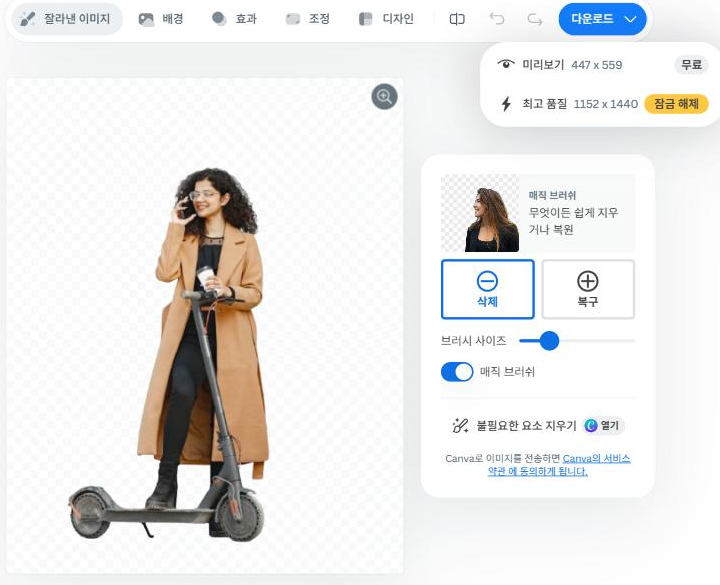 remove.bg 무료 다운로드 해상도 제한 — 447×559 무료, 1152×1440 잠금